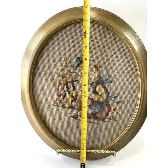 Hummel Framed Needlepoint Picture Little Girl w Bird 70s Vintage Crewel - Picture 5 of 6